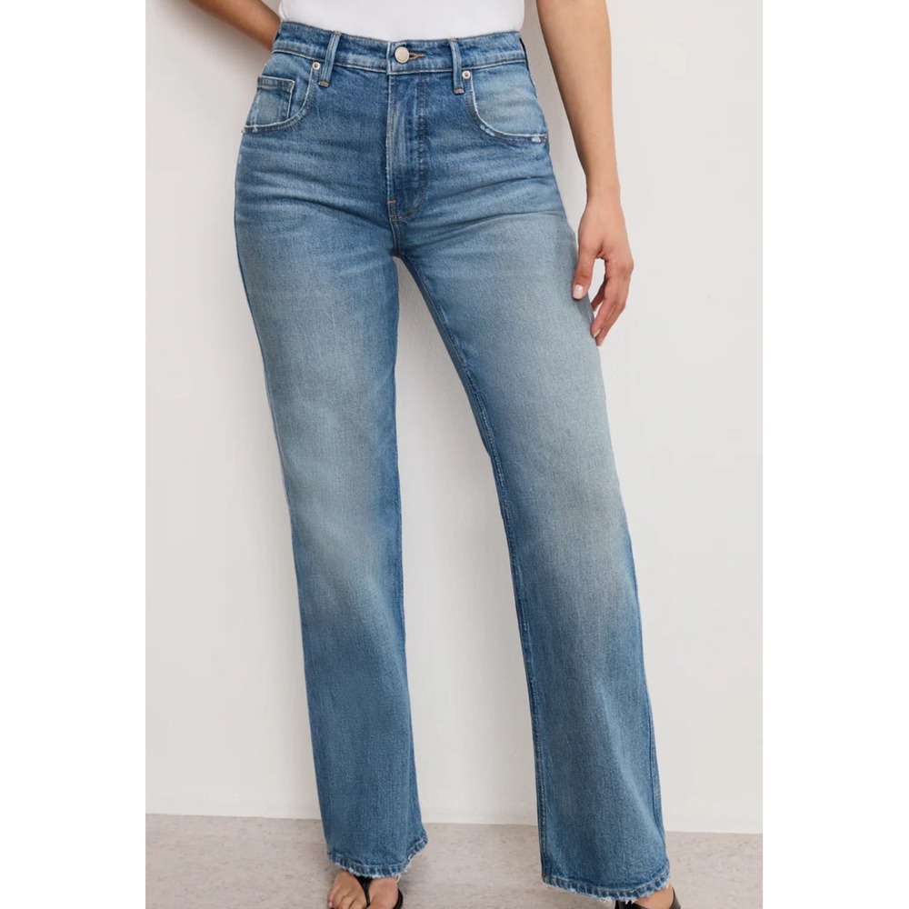 GOOD AMERICAN High Rise Straight Leg Jeans Medium Wash Raw‎ Hem Size 12 31